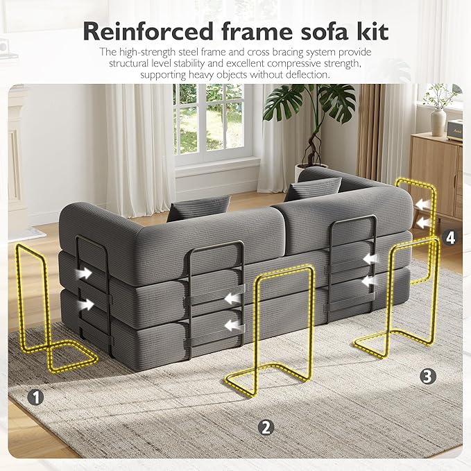 79in Convertible Sofa Bed, Corduroy Boneless Couch Bed, Futon Sleeper Sofa Pull Out Bed, Foldable Couch for Living Room Apartment, No Assembly Required