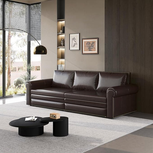 Eafurn 93.7" King Size Pull Out Sofa Bed, 3-in-1 Convertible Sleeper Sofa Couch Bed with Nailhead Decor and Rolled Arms, Faux Leather Oversized Chesterfield Loveseat Chaise Lounge