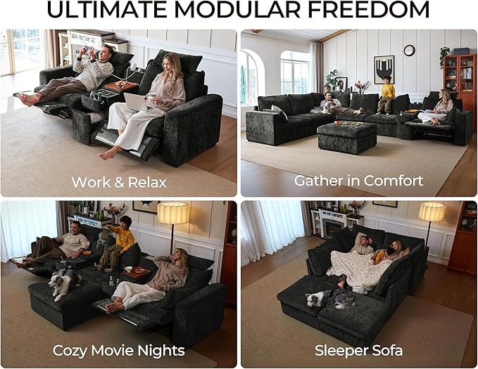 102.8'' Loveseat Power Recliner Sofa with Headrest, Oversized Cloud Modular Sectional Couch with Table, Drawer, Charging, 3-Seater with Storage Ottoman for RV Home Theater, Chenille, Black