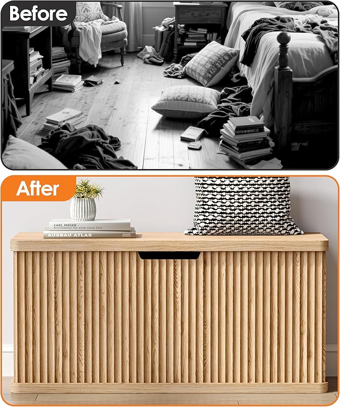 Fluted Storage Chest with 2 Safety Hinges, 37.4" Wooden Storage Trunk, Natural Entryway Bench, for Living Room, Bedroom, Curved Profile, Easy Assembly, Natural Oak