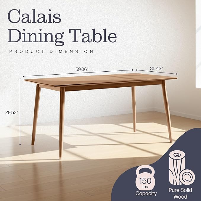 Alaterre Furniture Calais Dining – Mid Century Modern 59-Inch Rectangular Dining Table for 4 – Solid Wood Kitchen and Dining Room Table with Minimalist Design (Pecan Finish)