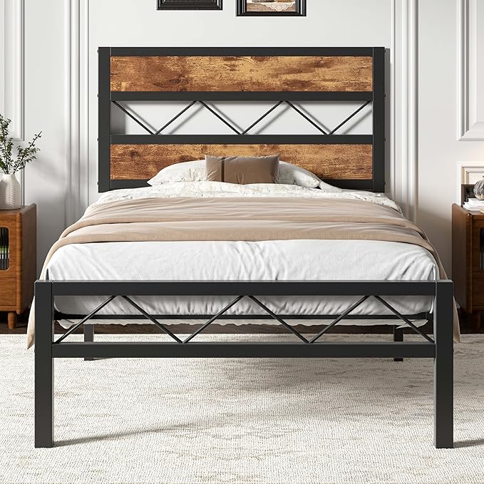 VECELO Twin Bed Frame with Headboard, Metal Platform Bedframe with Heavy Duty Slats Support, No Box Spring Needed, Easy Assembly, Rustic Brown