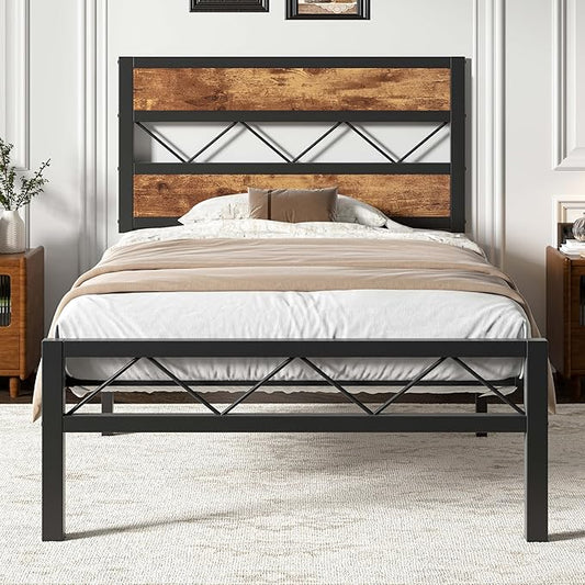 VECELO Twin Bed Frame with Headboard, Metal Platform Bedframe with Heavy Duty Slats Support, No Box Spring Needed, Easy Assembly, Rustic Brown