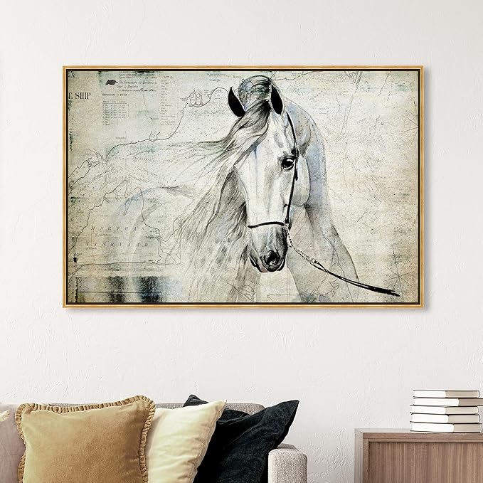 Country Farmhouse Canvas Print Painting Animal Wall Art 'Southern White Horse' Gold Framed Canvas Rustic Home Décor 54x36 in Gray, Brown by Oliver Gal