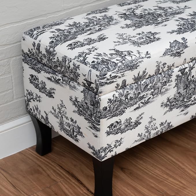 Linon Stephanie Black and White Toile Fully Upholstered Bench with Hidden Interior Storage