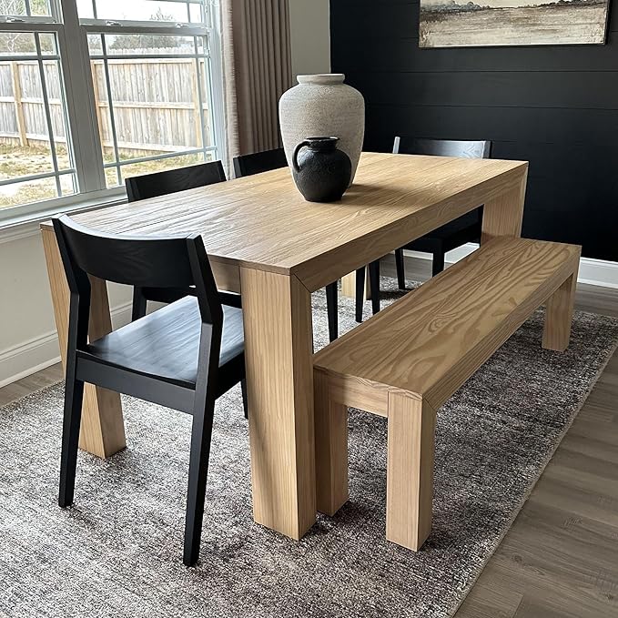 Plank+Beam 72 Inch Modern Solid Wood Dining Table - Solid Pine, Wirebrush Finish, Seats 6, Non-Toxic Finish, Easy Assembly, for Kitchen or Office, Blonde Wirebrush