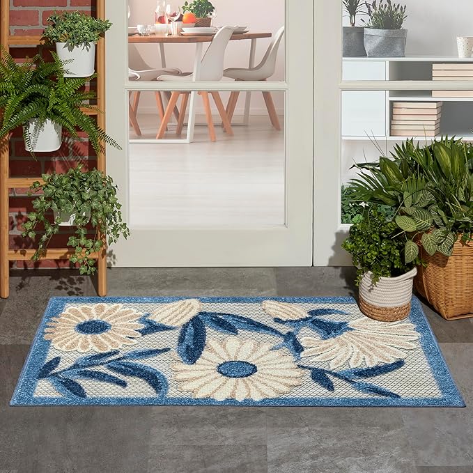 Nourison Home Aloha Blue Grey 2' x 3' Area Rug - Easy Clean, Non Shedding, Bed Room, Living Room, Dining Room, Kitchen (2' x 3')