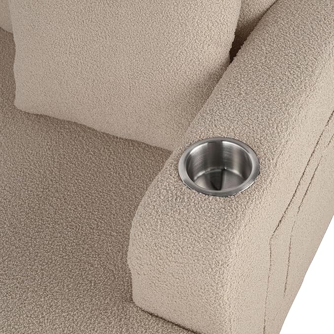 Homes: Inside + Out Reese Modern Plush Boucle Comfortable Loveseat with Side Pockets, Cup Holders and Pillows, Wooden Soft Couch for Living Room, Bedroom and Office, Beige