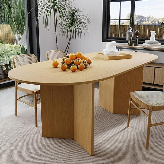 Casaphoria 67" Oval Dining Table, Modern Minimalist Wooden Kitchen Table with Sturdy V-Shaped Pedestal Base, Curved Edges Space-Saving Furniture for Dining Room & Living Space, Natural Wood