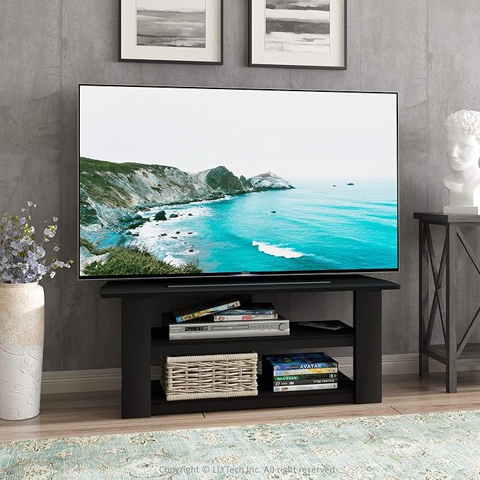 Furinno PARSONS TV Stand, 3-Tier Entertainment Center with Storage Shelf, Open Frame TV Console for TV up to 50 Inch, for Living Room, Bedroom, Black