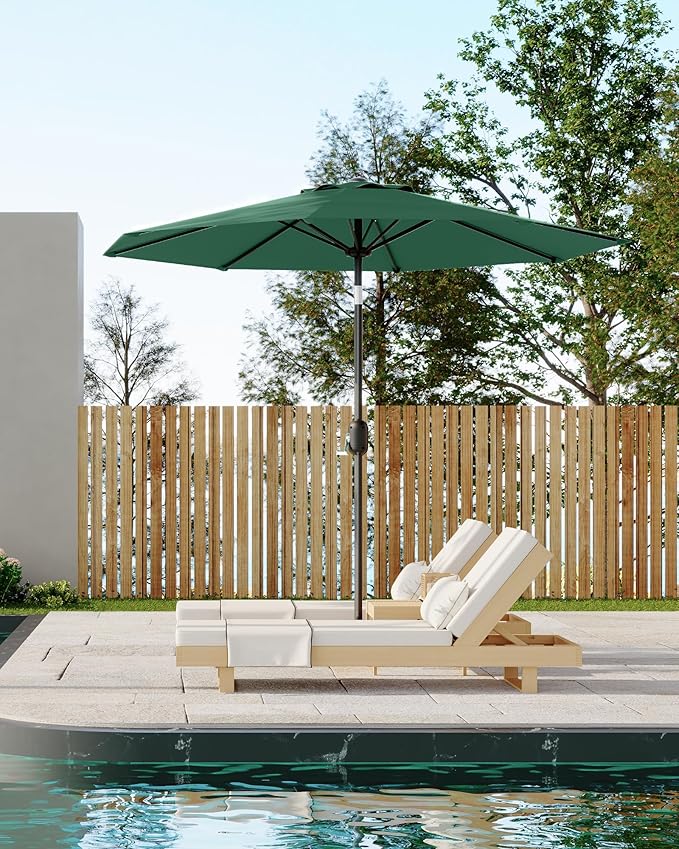 GarveeLife 9 ft Patio Umbrella, Outdoor Table Market Umbrella with Push Button Tilt and Crank, 8 Sturdy Ribs UV Protection Waterproof for Garden, Deck, Backyard, Pool (Dark Green)