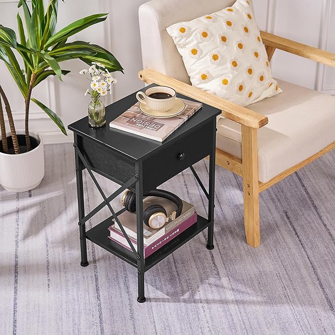 VECELO Nightstand Set of 2, X-Design End Side Table with Fabric Storage Drawer and Open Shelf, Bedside Night Stand with Steel Frame for Bedroom, Living Room,Dorm, Easy Assembly,Classic Black