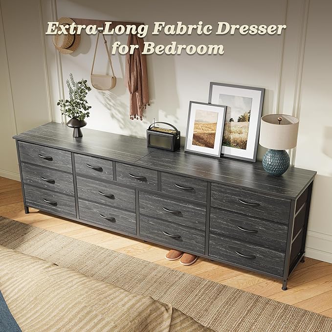 Huuger 70 Inch Dresser for Bedroom, TV Stand for 65, 75, 80 Inch TV, 13 Fabric Drawer Long Dresser, Large Entertainment Center for Bedroom, Wide Chest of Drawer with Storage, Charcoal Black