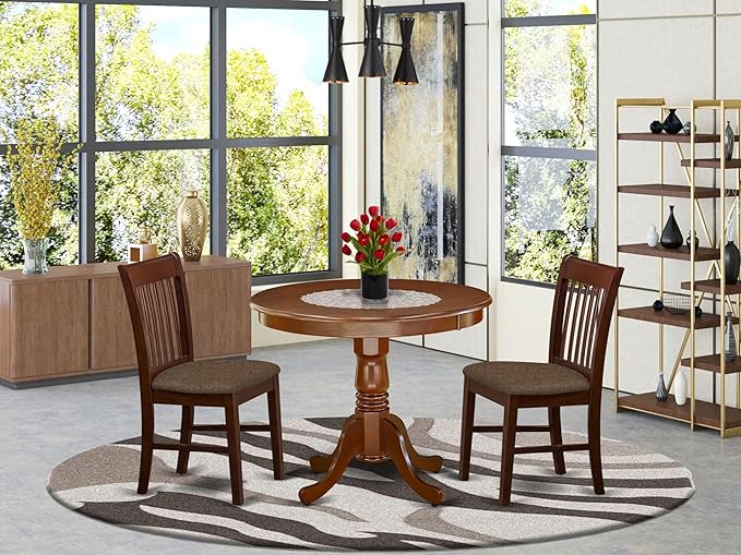 East West Furniture ANNO3-MAH-C 3 Piece Kitchen Table & Chairs Set Contains a Round Dining Room Table with Pedestal and 2 Linen Fabric Dining Room Chairs, 36x36 Inch, Mahogany