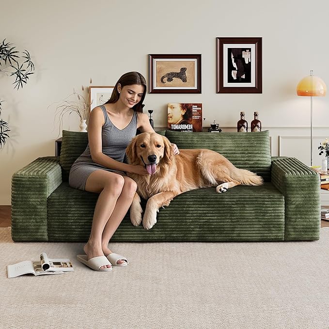 JINGLING 63" Small Couches for Small Spaces, Comfy Boneless Couch in a Box, Love Seat Compressed Sofa for Living Room Bedroom, Apartment Furniture, No Assembly, Corduroy, Green
