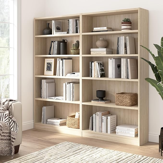 Bush Home Universal Tall 5 Shelf Bookcase in Natural Elm - Set of 2, Matching Storage and Display Bookshelves for Home Office or Living Room Organization
