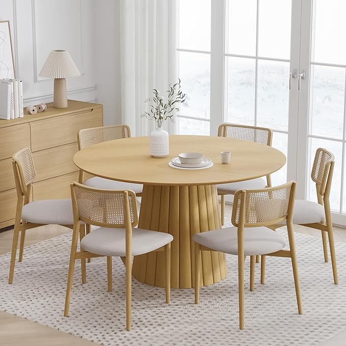 Casaphoria 52" Round Dining Table, Modern Wood Kitchen Table with Cone Shaped Strip Convex Base for Living Room & Dining Room, Easy Assembly Farmhouse Furniture for 4-6, Oak