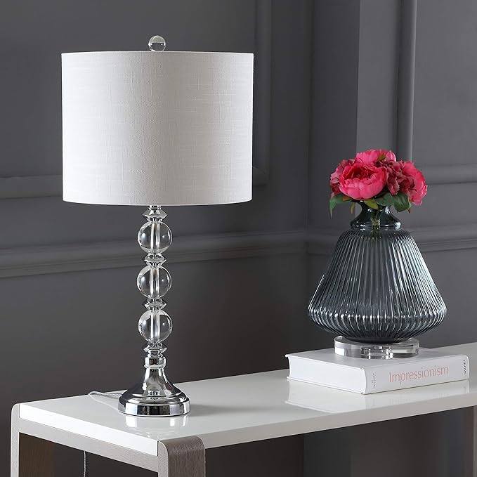 JONATHAN Y 26" Clear/Chrome Crystal LED Table Lamp Set of 2, Transitional Faceted Glass and Metal Nightstand Lamps with White Linen Drum Shade, LED Bulbs Included JYL5041A-SET2