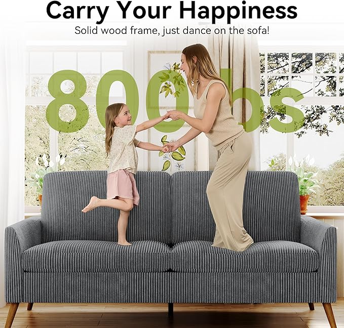 68" Loveseat Sofa, Comfy Grey Corduroy Couches for Living Room, Mid Century Modern Love Seat Sofa, Tool-Free Setup Small Couches for Bedroom Office