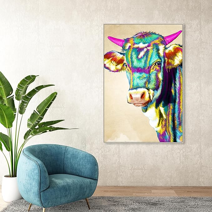 Country Farmhouse Canvas Print Painting Animal Wall Art 'Fun Colorful Glam Farm Cow' Champagne Framed Canvas Rustic Home Décor 36x54 in Green, Pink by Oliver Gal