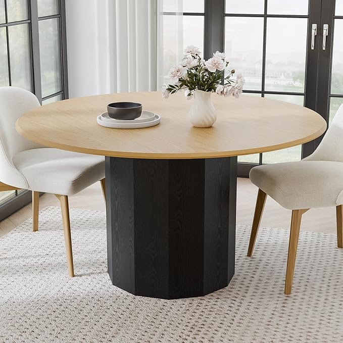 Casaphoria 52" Round Dining Table for 6, Two-Tone Natural Wood Top and Black Pedestal Base, Modern Farmhouse Style, Dining Table Only