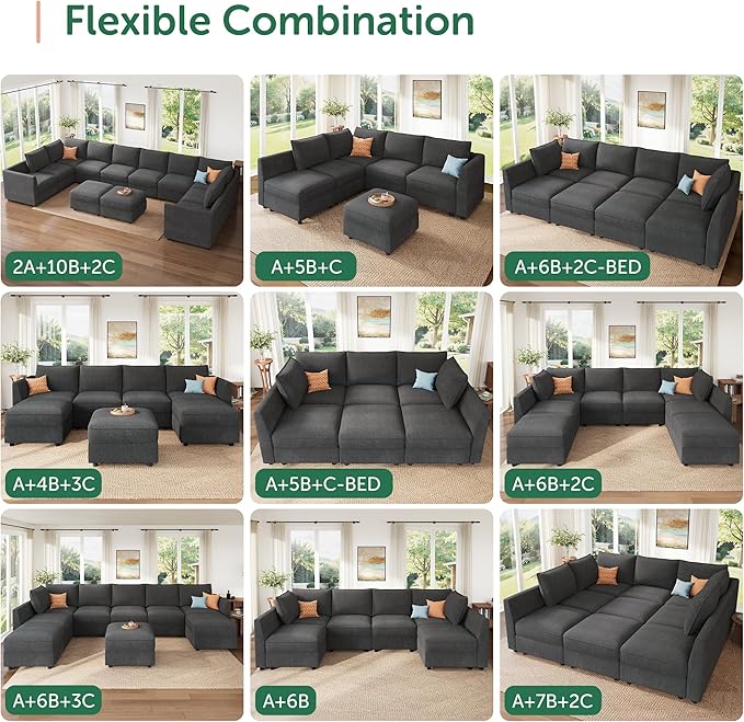 HONBAY Modular Sectional Sofa Sleeper Couch with Storage Modular Couch Convertible Couches for Living Room - Snowflake Velvet Grey