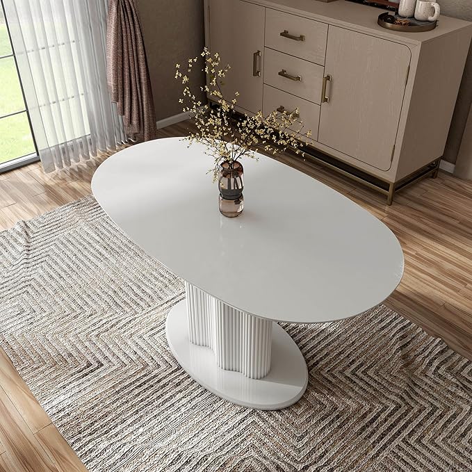 Homes: Inside + Out Elara Modern 54-inch Oval Dining Table with Fluted Pedestal Base, Seats up to 4, for Home Kitchen, Living Room, Glossy White
