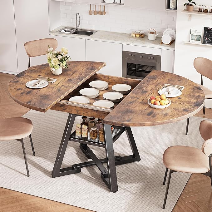 Round Dining Table Kitchen Dining Room Dinner Table for 4-6, Space Saving Extendable Oval Circle Furniture with Pedestal Base and Storage Shelf for Kitchen Living Room (Vintage, for 6-8)