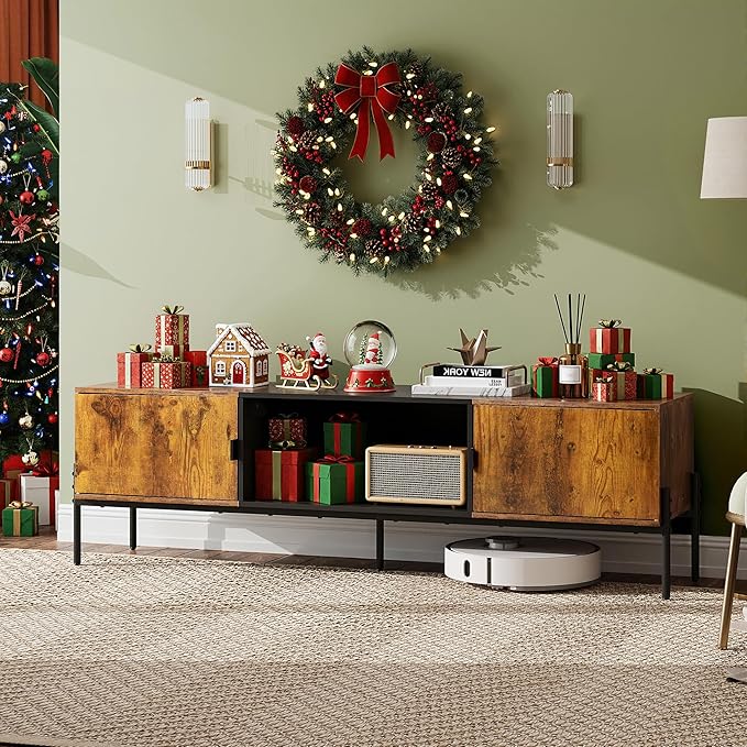 WLIVE TV Stand for 65 Inch TV, Mid Century Modern Entainment Center with 2 Storage Cabinets & Open Shelf, TV Console Table Media with Metal Legs for Living Room, Bedroom, Rustic Brown