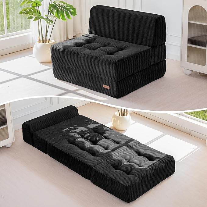MAXYOYO 8" Folding Sofa Bed, Convertible Sleeper Sofa Lounger Foldable Mattress, Wedge Shape Floor Couch Tufted Fold Out Chair Bed Comfy Floor Couch Lounge for Living Room Bedroom, Single, Black
