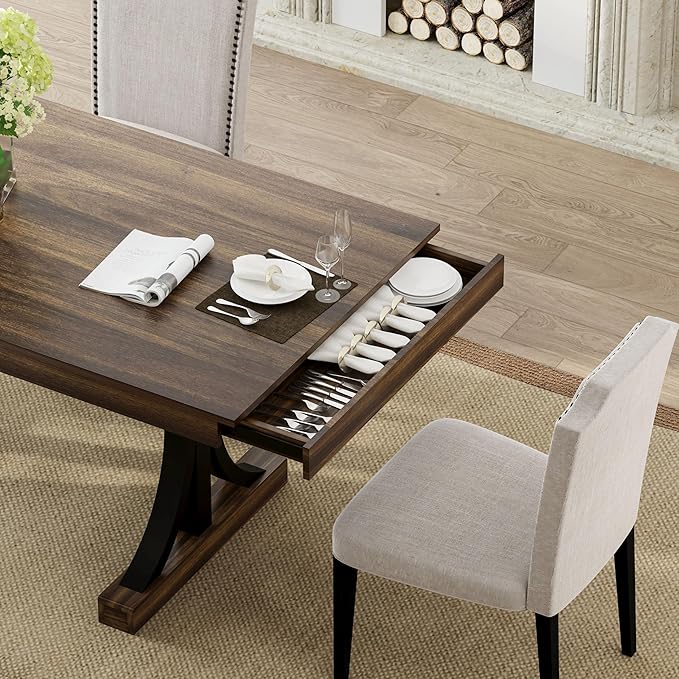 Garvee 71-Inch Wooden Kitchen Table with Two Drawers, Large Dining Table for 6-8 w/Large Tabletop & Sturdy Frame, Rectangular Dining Table with Double Pedestal, for Kitchen, Dinner