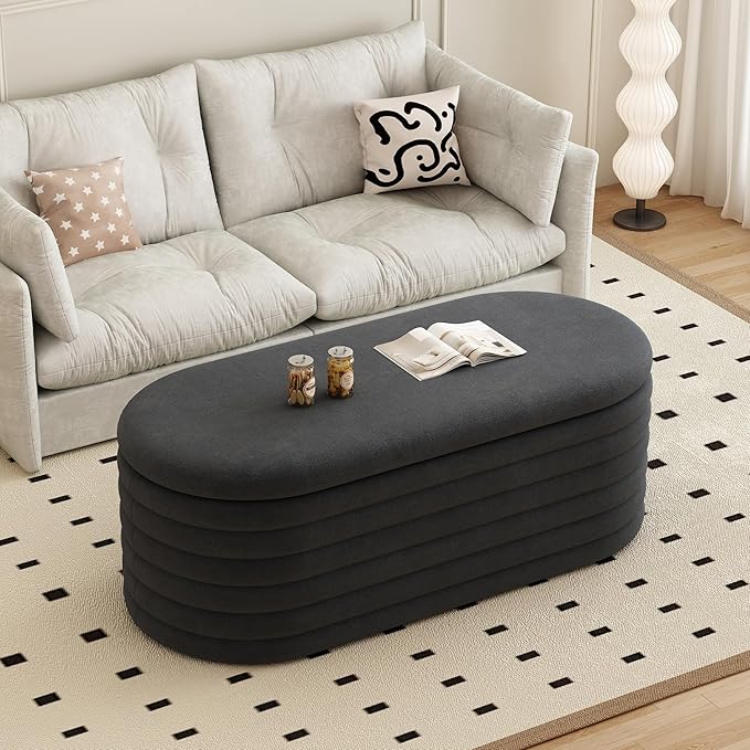 Ball & Cast Storage Ottoman Bench, 40" Chenille Upholstered Storage Bench for Bedroom End of Bed,Oval Ottoman with Storage,Entryway Bench with Safty Hinges for Living Room,Black