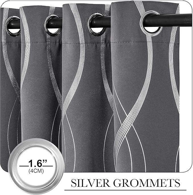 NICETOWN Blackout Curtains for Bedroom, Foil Printed Wave Lines Energy Saving Thermal Insulated Solid Grommet Blackout Draperies for Patio Hall Studio (1 Pair, 52 inches by 95 inches, Grey)