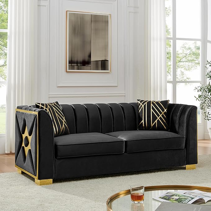 KEIKI 81" Luxury Oversized Velvet Chesterfield Sofa with 2 Pillow & Gold Stainless Decoration, Mid-Century Style 3-Seater Button Tufted Couch with Square Arms, Easy Assembly, for Living Room, Black