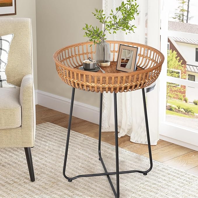Oakrain Small Side Table, Boho Coffee Table, Bamboo&Rattan, DrinkTable with Boho Style, for Balcony, Living Room, Bedroom (20.47inch, 1PCS)