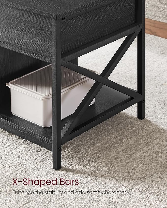 VASAGLE Lift Top Coffee Table, Lift Coffee Table with Storage Shelf, Hidden Compartments and Lifting Top, for Living Room, Office, 19.7 x 39.4 x (19.3-24.4) Inches, Black with Wood Grain ULCT202B22