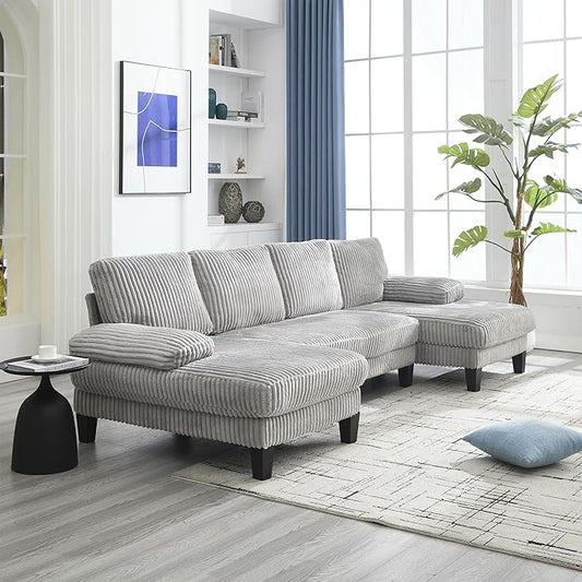 Eafurn Symmetrical U Shaped Sectional Sofa with Double Chaise Lounge,Modern Corduroy Upholstered Oversized Corner Couch, Deep Seat Comfy 4-Seater Sofa w/Pillow-top Armrest for Living Room