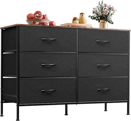 WLIVE Black Dresser for Bedroom with 6 Drawers, TV Stand for 50 Inches TV, Wide Dresser with Metal Frame, Wooden Top, Fabric Dresser for Closet, Hallway, Entryway, Black and Rustic Brown