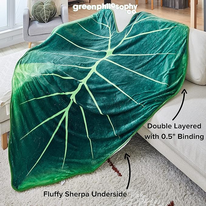 Green Philosophy Co. Regal Shield Alocasia Giant Leaf Shaped Blanket Monstera Flannel Throw Soft Cozy Breathable Lightweight and Decorative Leaves Design Gift for Plant Lovers Bed Sofa and Couch