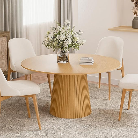 Casaphoria 52" Round Dining Table, Modern Wood Kitchen Table with Cone Grating Bar Base for Living Room & Dining Room, Easy Assembly Farmhouse Furniture for 4-6, Oak