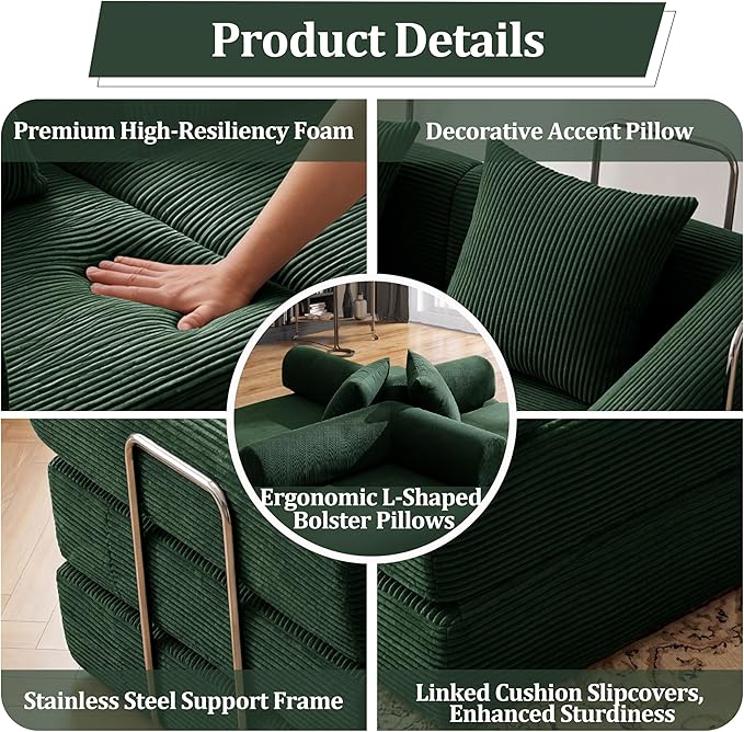 Convertible Compressed Corduroy Folding Cloud Sofa Bed, 59'' Modern Boneless Pull Out Loveseat Sleeper in a Box, 5 in 1 Floor Mattress Futon Cloud Couch, No Assembly Needed, Green, 2 Pillows, Queen