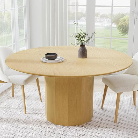 Casaphoria 60" Round Dining Table, Modern Wood Kitchen Table with Cylinder Polygonal Base for Living Room & Dining Room, Easy Assembly Farmhouse Furniture for 4-6, Oak