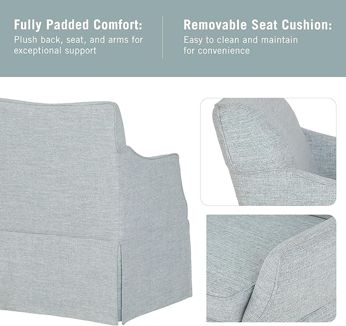 Martha Stewart London Upholstered Skirted Dining Arm Chair with Casters – Curved Back, Removable Seat Cushion, for Dining Room, Home Office, or Living Space, Light Blue