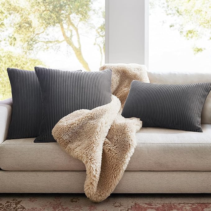 YCOLL Gray Pillow Covers 16x16 Set of 2 Velvet Striped Pattern - Soft Throw Pillows for Home Decor, Luxury Decorative Pillow Covers for Couch, Bed,Living Room