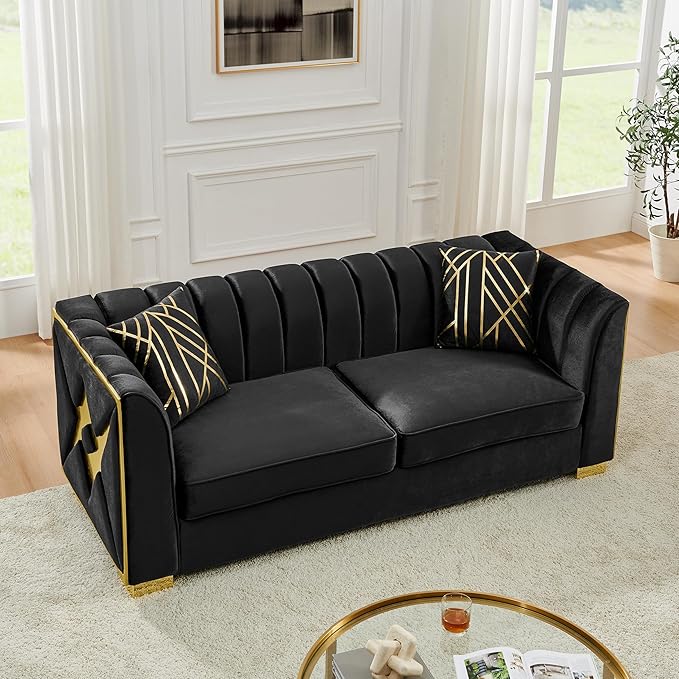 KEIKI 81" Luxury Oversized Velvet Chesterfield Sofa with 2 Pillow & Gold Stainless Decoration, Mid-Century Style 3-Seater Button Tufted Couch with Square Arms, Easy Assembly, for Living Room, Black