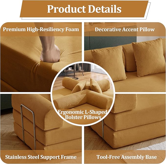 87'' Convertible Compressed Corduroy Folding Cloud Sofa Bed, Modern Modular Boneless Pull Out 3 Seater Sleeper in a Box, 5 in 1 Foldable Floor Mattress Couch, No Assembly Need, Yellow, Pillows, King