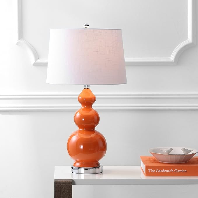 JONATHAN Y 27.5" Coral Modern Ceramic Gourd Table Lamp for Living Room, Large Bedside Nightstand Lamp for Bedroom, White Linen Drum Shade, LED Bulb Included JYL4023A