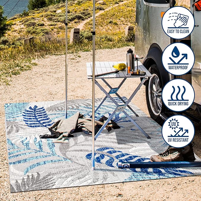 JONATHAN Y Tropics Palm Leaves Indoor Outdoor Area Rug 5X8 Gray/Blue, Boho for Backyard, Patio, Porch, Easy-Cleaning, High Traffic, Pet-Friendly, Non-Shedding (AMC100A-5)