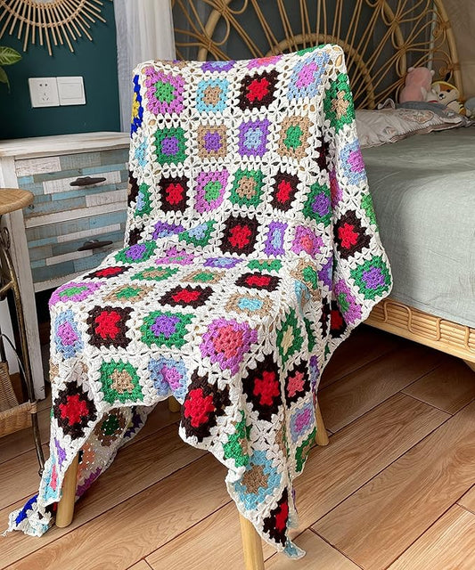 RISEON Handmade Granny Square Crochet Throw Blanket Sweater Style Mat, crochet quilt, multicolor Boho Travel Accent Decor Throw for Sofa Comforter Couch Bed Recliner Living Room Bedroom (White)