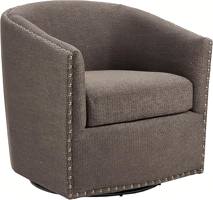 Madison Park Swivel Barrel Accent Chair, Upholstered Curved Back with 7-Inch Thick Woven Cushion, 360° Swivel, Nailhead Trim, Comfy Chair for Living Room, Bedroom, Office, 28" Wide, Chocolate, Tyler